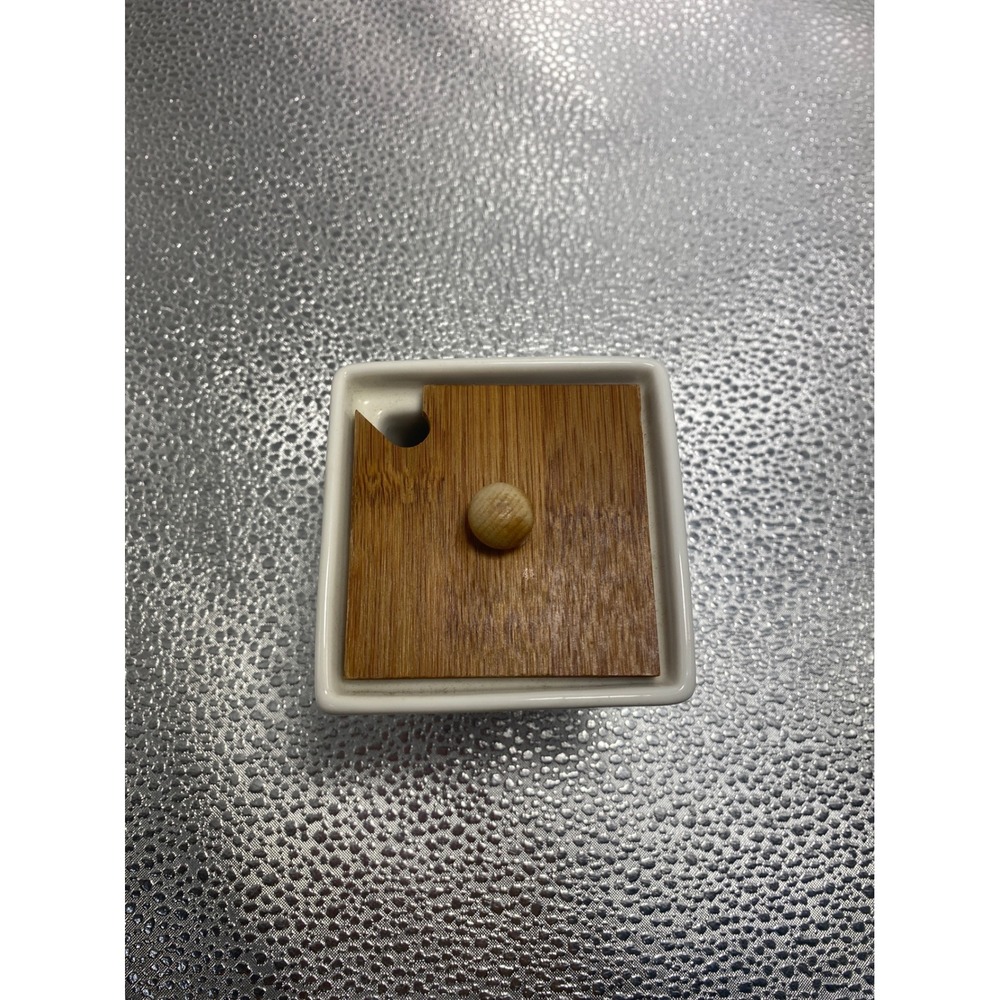 White‎ Ceramic Square Salt Sugar Cellar with Wood Lid and Spoon Notch